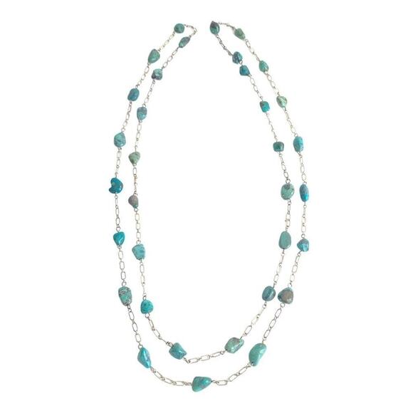 Turquoise Sterling Silver Necklace Chain Natural Nugget Stone Southwest Long 54” - Picture 1 of 9